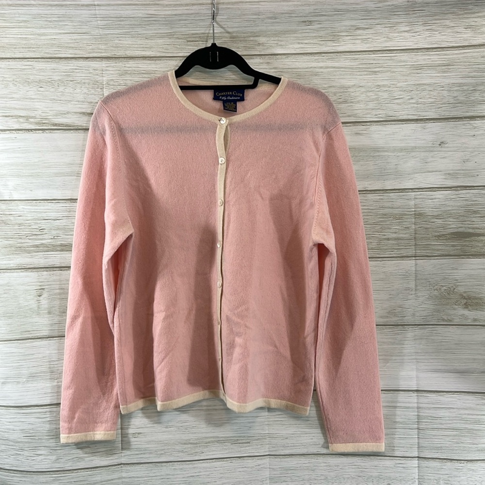 Charter Club 2 ply Cashmere Pink/White Cardigan Sweater • MEDiUM